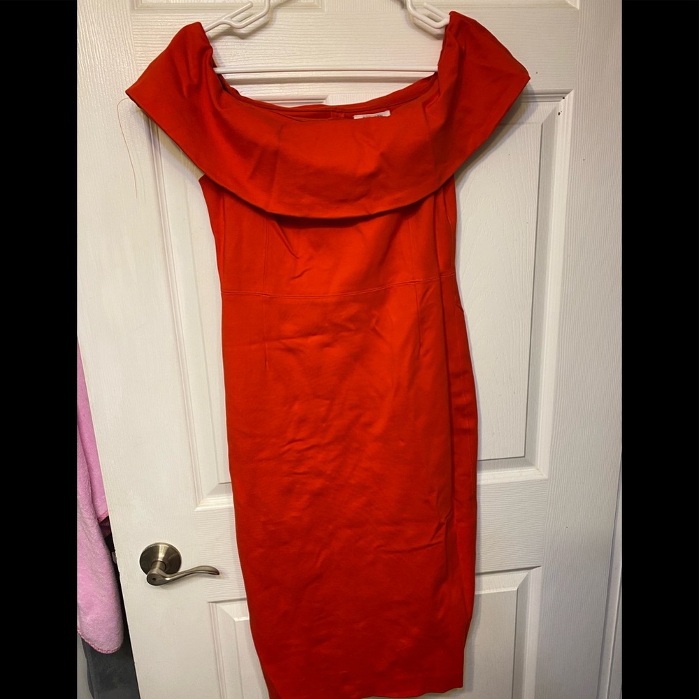 Babaton Ruslan dress-bright orange/red flattering fitted off shoulder midi dress